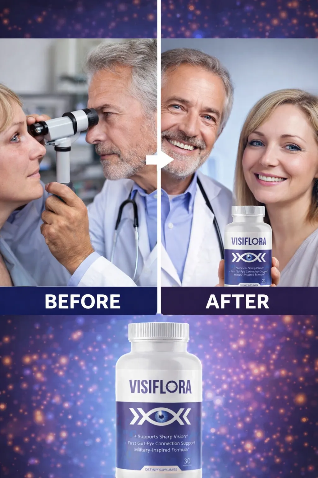VisiFlora eye health supplement before and after results with doctor consultation showing improved vision clarity and reduced eye strain USA