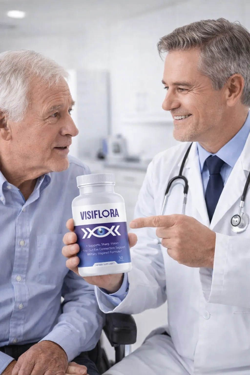 visiflora supplement doctor consultation with senior patient in clinic discussing natural vision support and eye health improvement usa