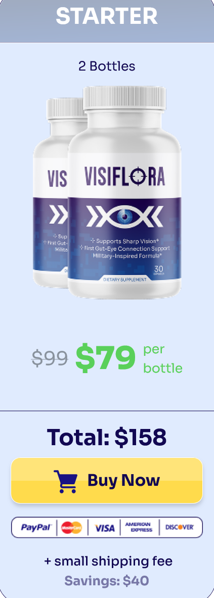 VisiFlora 2-bottle starter pack pricing banner. Discounted price of $158 total, saving $40. Secure checkout for VisiFlora vision support dietary capsules.