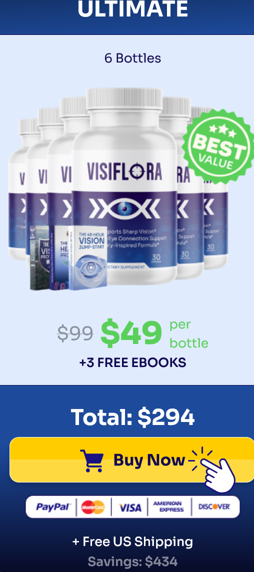 Discounted VisiFlora 6-bottle bundle with free vision health ebooks and free shipping in the USA. Best price for VisiFlora military-inspired eye health formula at $49 per bottle.