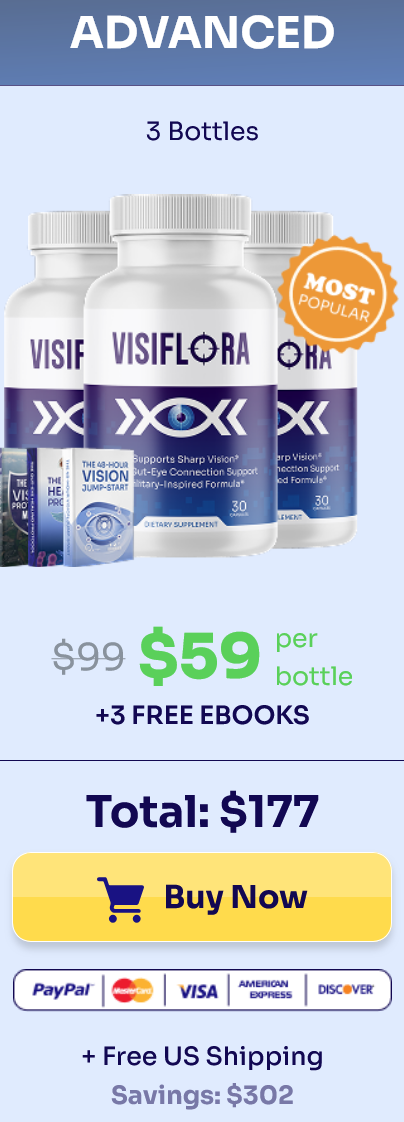 VisiFlora 3-bottle vision supplement pack at a discounted price of $177. Includes free shipping in the USA and 3 bonus vision health ebooks. Military-inspired eye health formula.